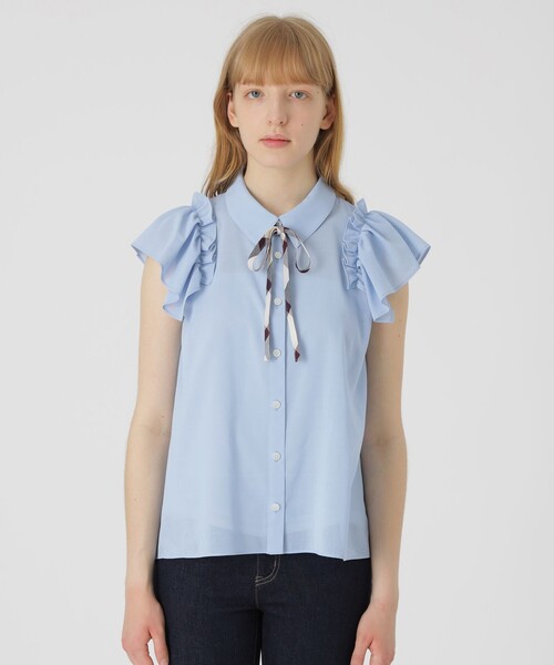 BLUE LABEL CRESTBRIDGE(ブルーレーベルクレストブリッジ)の「フリルスリーブシアーブラウス(シャツ/ブラウス・レディース・オフホワイト/ブルー/ダークネイビー・38/36)」の2枚目の写真