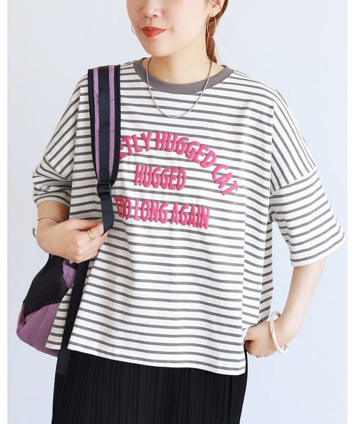 reca（レカ）の「【接触冷感】ロゴ発泡プリントワイドボーダーTシャツ（Tシャツ/カットソー・レディース・ホワイト系その他2/グレー系その他/ホワイト系その他・FREE）」の2枚目の写真