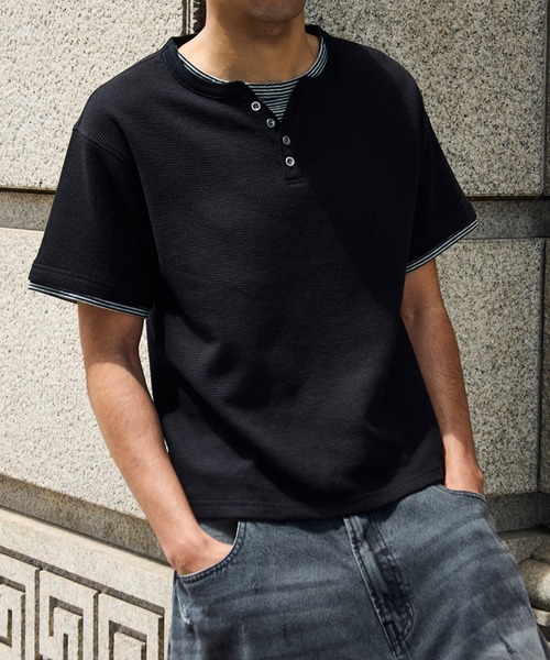 kutir(クティール)の「HENLEY NECK THERMAL BORDER LAYERED T-SHIRT/ヘンリーネックサーマルボーダーレイヤードTシャツ(Tシャツ/カットソー・メンズ・ネイビー/ブラック/チャコールグレー/ホワイト系その他・MEDIUM/LARGE)」の1枚目の写真