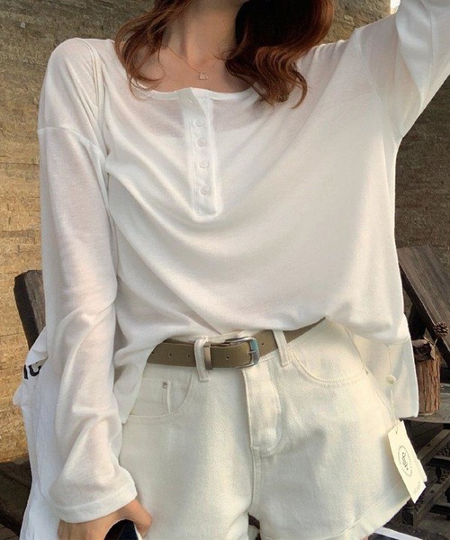 LYEON(リヨン)の「オーバーサイズシアーヘンリーネックロンT(Tシャツ/カットソー・レディース・ブラック/グレー/オフホワイト・FREE)」の8枚目の写真