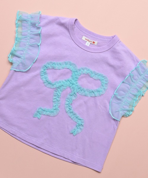 MARKEY'S（マーキーズ）の「チュールフリルリボン半袖Ｔシャツ（Tシャツ/カットソー・キッズ・チャコール/ライトグリーン/ラベンダー・80/90/95/100/110/120/130/140/150）」の3枚目の写真