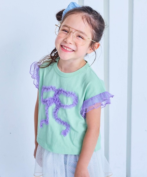 MARKEY'S（マーキーズ）の「チュールフリルリボン半袖Ｔシャツ（Tシャツ/カットソー・キッズ・チャコール/ライトグリーン/ラベンダー・80/90/95/100/110/120/130/140/150）」の2枚目の写真