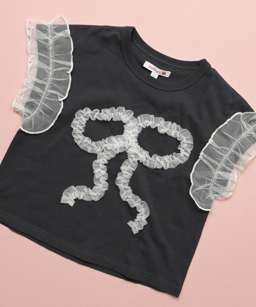 MARKEY'S（マーキーズ）の「チュールフリルリボン半袖Ｔシャツ（Tシャツ/カットソー・キッズ・チャコール/ライトグリーン/ラベンダー・80/90/95/100/110/120/130/140/150）」の4枚目の写真