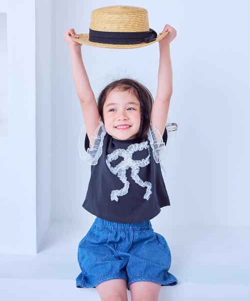 MARKEY'S（マーキーズ）の「チュールフリルリボン半袖Ｔシャツ（Tシャツ/カットソー・キッズ・チャコール/ライトグリーン/ラベンダー・80/90/95/100/110/120/130/140/150）」の5枚目の写真