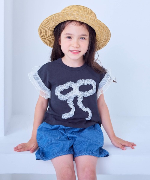 MARKEY'S（マーキーズ）の「チュールフリルリボン半袖Ｔシャツ（Tシャツ/カットソー・キッズ・チャコール/ライトグリーン/ラベンダー・80/90/95/100/110/120/130/140/150）」の6枚目の写真