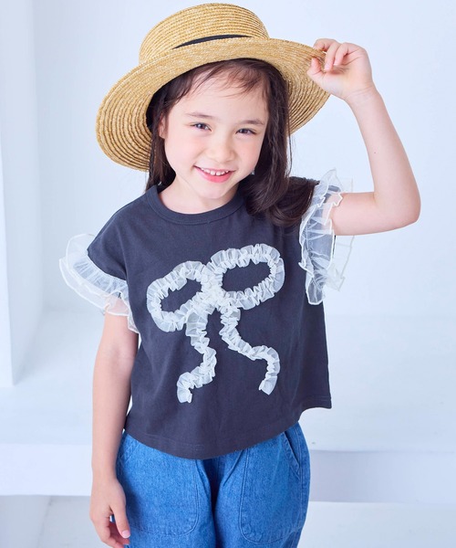 MARKEY'S（マーキーズ）の「チュールフリルリボン半袖Ｔシャツ（Tシャツ/カットソー・キッズ・チャコール/ライトグリーン/ラベンダー・80/90/95/100/110/120/130/140/150）」の7枚目の写真