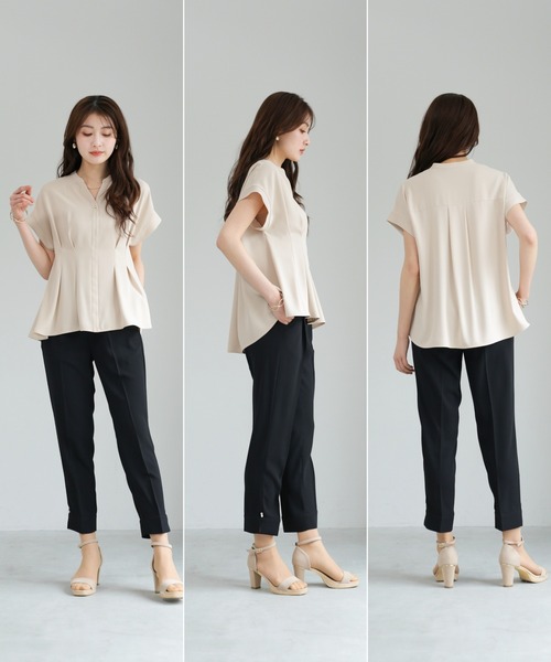 WHITE JOOLA（ホワイトジョーラ）の「【 2wayストレッチ 】 ドライフェイス・セットアップ［ タックブラウス＋テーパードパンツ ］（スーツセット・レディース・ベージュ/ブルーグレー/ライラック・M/L/S）」の4枚目の写真