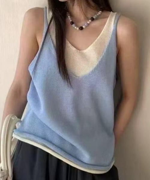 NANEA(ナネア)の「レイヤード風サマーニットタンクトップ(タンクトップ・レディース・ブルー/イエロー/レッド/ブラック/ホワイト・フリー)」の3枚目の写真