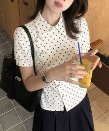 水玉柄ウエストマーク半袖シャツ