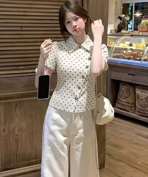 AsheKsha(アシクシャ)の「水玉柄ウエストマーク半袖シャツ(Tシャツ/カットソー・レディース・ホワイト・M)」の11枚目の写真