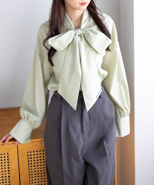 CLEAR BASIC（クリアベーシック）の「刺繍入りボウタイリボンブラウス［骨格ウェーブ／フェミニン／オフィスカジュアル］（シャツ/ブラウス・レディース・ブルー/ミント/チャコールグレー/オフホワイト・F）」の3枚目の写真