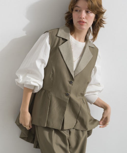Material(Avenue)(マテリアル)の「【Material】デニム風ツイル バルーンペプラム テーラードカラー アシンメトリー ジレ セットアップ可(その他アウター・レディース・ブラック/カーキ系/インディゴブルー・FREE)」の1枚目の写真