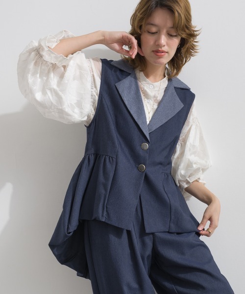 Material(Avenue)(マテリアル)の「【Material】デニム風ツイル バルーンペプラム テーラードカラー アシンメトリー ジレ セットアップ可(その他アウター・レディース・ブラック/カーキ系/インディゴブルー・FREE)」の14枚目の写真