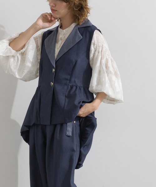 Material(Avenue)(マテリアル)の「【Material】デニム風ツイル バルーンペプラム テーラードカラー アシンメトリー ジレ セットアップ可(その他アウター・レディース・ブラック/カーキ系/インディゴブルー・FREE)」の17枚目の写真