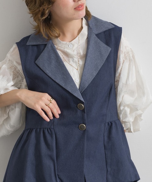 Material(Avenue)(マテリアル)の「【Material】デニム風ツイル バルーンペプラム テーラードカラー アシンメトリー ジレ セットアップ可(その他アウター・レディース・ブラック/カーキ系/インディゴブルー・FREE)」の18枚目の写真