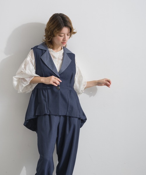 Material(Avenue)(マテリアル)の「【Material】デニム風ツイル バルーンペプラム テーラードカラー アシンメトリー ジレ セットアップ可(その他アウター・レディース・ブラック/カーキ系/インディゴブルー・FREE)」の19枚目の写真