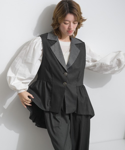 Material(Avenue)(マテリアル)の「【Material】デニム風ツイル バルーンペプラム テーラードカラー アシンメトリー ジレ セットアップ可(その他アウター・レディース・ブラック/カーキ系/インディゴブルー・FREE)」の21枚目の写真