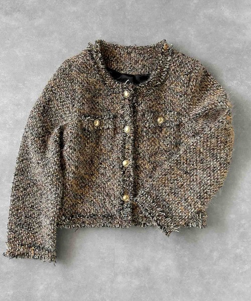 LOWO(ロワ)の「【M~Lサイズ展開】フリンジデザインツイードショート丈ノーカラージャケット(ノーカラージャケット・レディース・ブラウン・L/M)」の2枚目の写真