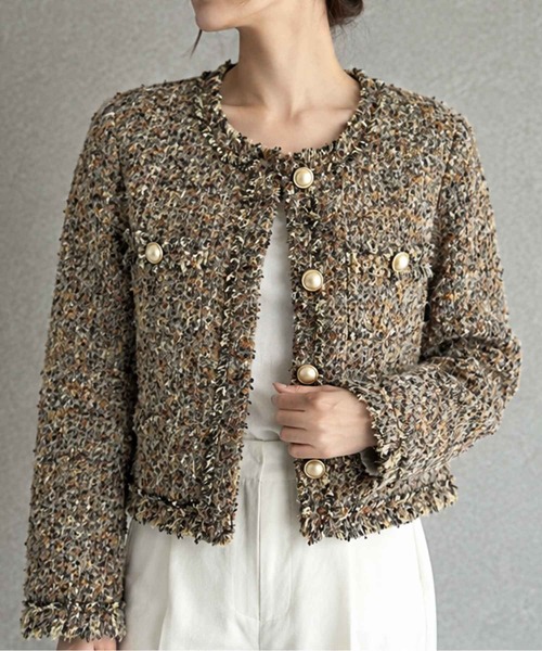 LOWO(ロワ)の「【M~Lサイズ展開】フリンジデザインツイードショート丈ノーカラージャケット(ノーカラージャケット・レディース・ブラウン・L/M)」の3枚目の写真