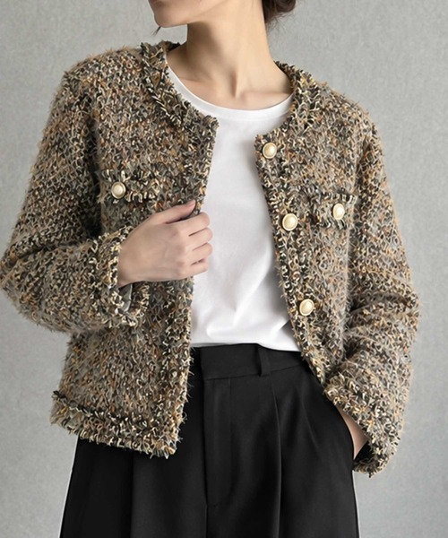 LOWO(ロワ)の「【M~Lサイズ展開】フリンジデザインツイードショート丈ノーカラージャケット(ノーカラージャケット・レディース・ブラウン・L/M)」の4枚目の写真