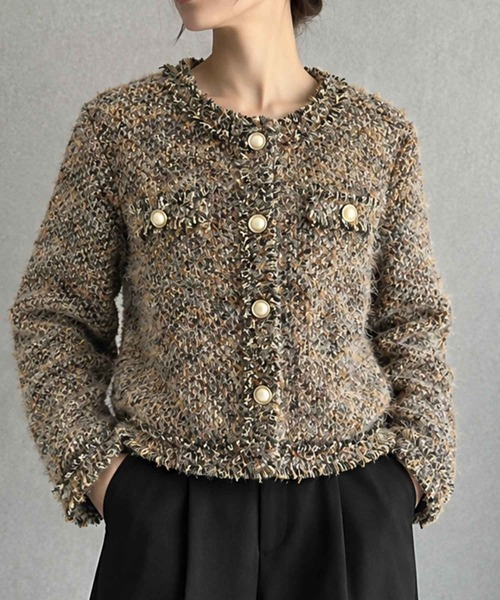 LOWO(ロワ)の「【M~Lサイズ展開】フリンジデザインツイードショート丈ノーカラージャケット(ノーカラージャケット・レディース・ブラウン・L/M)」の5枚目の写真
