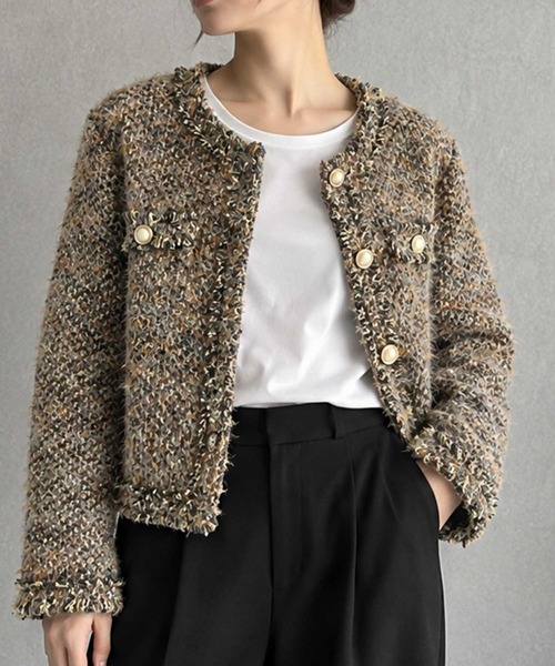 LOWO(ロワ)の「【M~Lサイズ展開】フリンジデザインツイードショート丈ノーカラージャケット(ノーカラージャケット・レディース・ブラウン・L/M)」の6枚目の写真