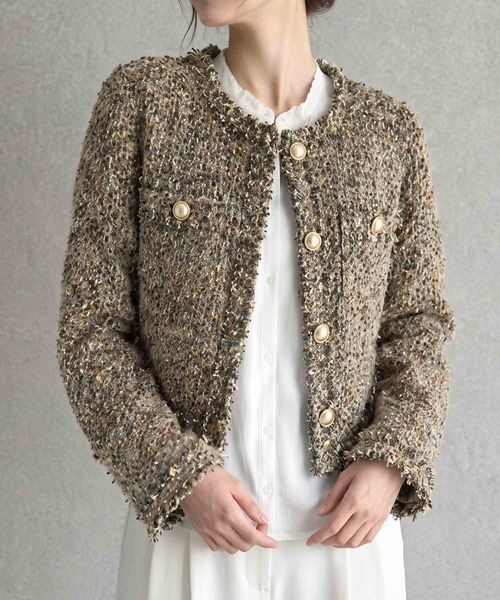 LOWO(ロワ)の「【M~Lサイズ展開】フリンジデザインツイードショート丈ノーカラージャケット(ノーカラージャケット・レディース・ブラウン・L/M)」の8枚目の写真