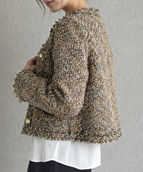 LOWO(ロワ)の「【M~Lサイズ展開】フリンジデザインツイードショート丈ノーカラージャケット(ノーカラージャケット・レディース・ブラウン・L/M)」の9枚目の写真