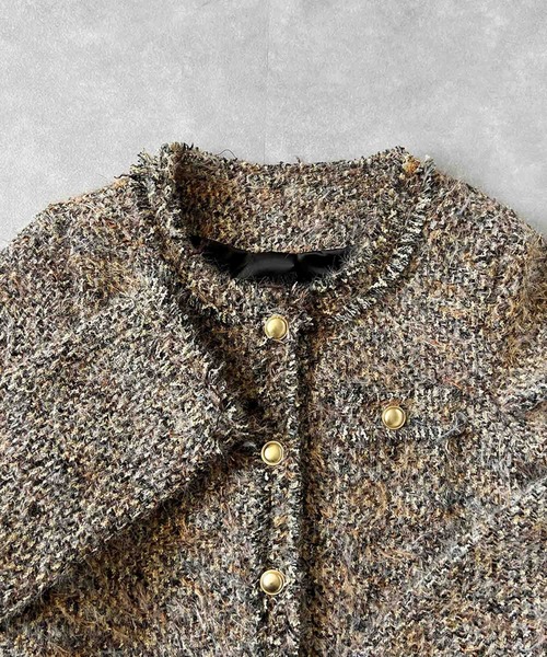 LOWO(ロワ)の「【M~Lサイズ展開】フリンジデザインツイードショート丈ノーカラージャケット(ノーカラージャケット・レディース・ブラウン・L/M)」の10枚目の写真