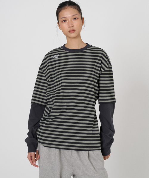 THIRSTYCLUB(サースティークラブ)の「レイヤードストライプTシャツ - カーキ(Tシャツ/カットソー・レディース・その他・FREE)」の1枚目の写真