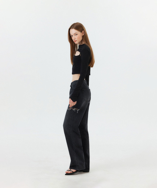 FORTYFOUR（フォーティフォー）の「[W] スリットポイントストレートジーンズ（デニムパンツ・レディース・ダークブルー/ブラック×ブルー・SMALL/MEDIUM/LARGE）」の6枚目の写真