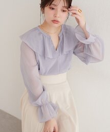 タックフリル衿スキッパー長袖ブラウス