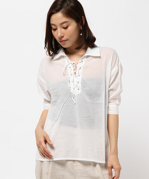 VENCEEXCHANGE（ヴァンスエクスチェンジ）の「レースアップ綿麻シャツ                （シャツ/ブラウス・レディース・オフホワイト/ダークグリーン/ブルー・MEDIUM）」の13枚目の写真
