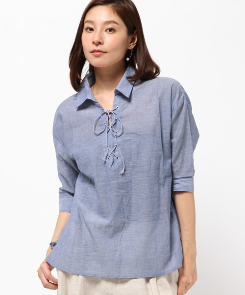 VENCEEXCHANGE（ヴァンスエクスチェンジ）の「レースアップ綿麻シャツ                （シャツ/ブラウス・レディース・オフホワイト/ダークグリーン/ブルー・MEDIUM）」の11枚目の写真