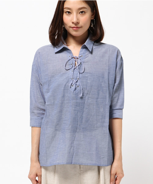 VENCEEXCHANGE（ヴァンスエクスチェンジ）の「レースアップ綿麻シャツ                （シャツ/ブラウス・レディース・オフホワイト/ダークグリーン/ブルー・MEDIUM）」の4枚目の写真