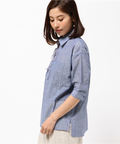 VENCEEXCHANGE（ヴァンスエクスチェンジ）の「レースアップ綿麻シャツ                （シャツ/ブラウス・レディース・オフホワイト/ダークグリーン/ブルー・MEDIUM）」の5枚目の写真