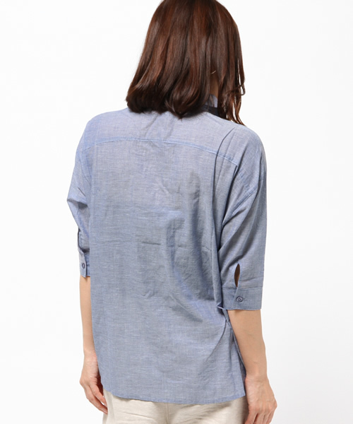 VENCEEXCHANGE（ヴァンスエクスチェンジ）の「レースアップ綿麻シャツ                （シャツ/ブラウス・レディース・オフホワイト/ダークグリーン/ブルー・MEDIUM）」の6枚目の写真