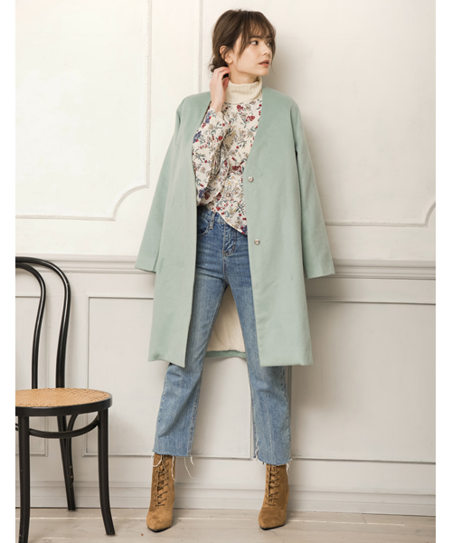 Re:EDIT（リエディ）の「中ファーノーカラーチェスターコート（チェスターコート・レディース・ブラック/アイボリー/ベージュ/ライトグレー/キャメル/ライトブルー/ミント/パープル/ブラック系その他/ベージュ系その他・MEDIUM/LARGE）」の12枚目の写真