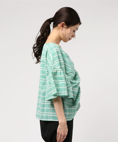 STYLEBLOCK(スタイルブロック)の「ガーゼ先染めチェックギャザーブラウス(シャツ/ブラウス・レディース・ベージュ/レッド/グリーン/ネイビー・M)」の5枚目の写真