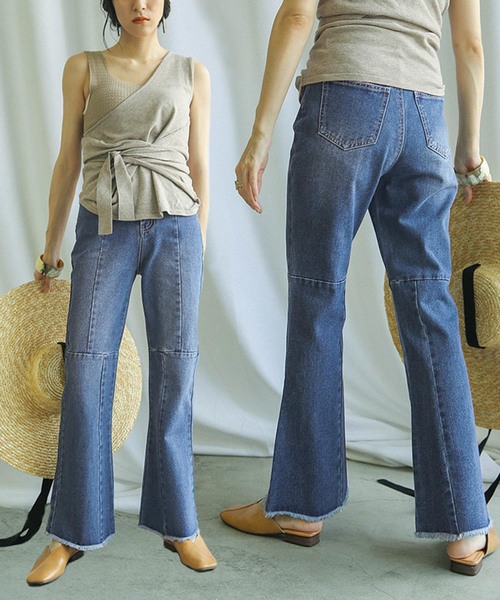 Select Moca セレクトモカ の パッチワークデニム ラインデザインポケットダメージ加工裾フレアカットオフデニム デニムパンツ Wear