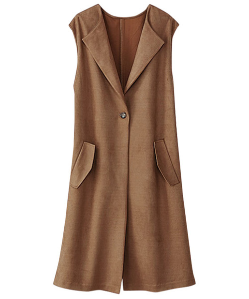 BELLUNA（ベルーナ）の「スエード調素材ロングジレ（その他アウター・レディース・キャメル/カーキ・X-LARGE/MEDIUM/LARGE/XX-LARGE）」の2枚目の写真