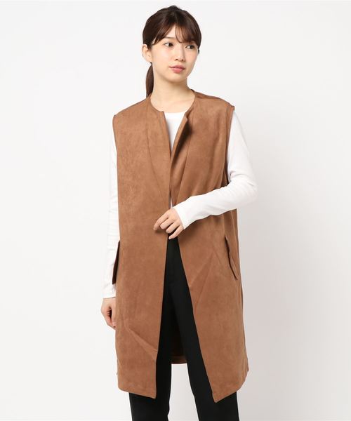 BELLUNA（ベルーナ）の「スエード調素材ロングジレ（その他アウター・レディース・キャメル/カーキ・X-LARGE/MEDIUM/LARGE/XX-LARGE）」の5枚目の写真