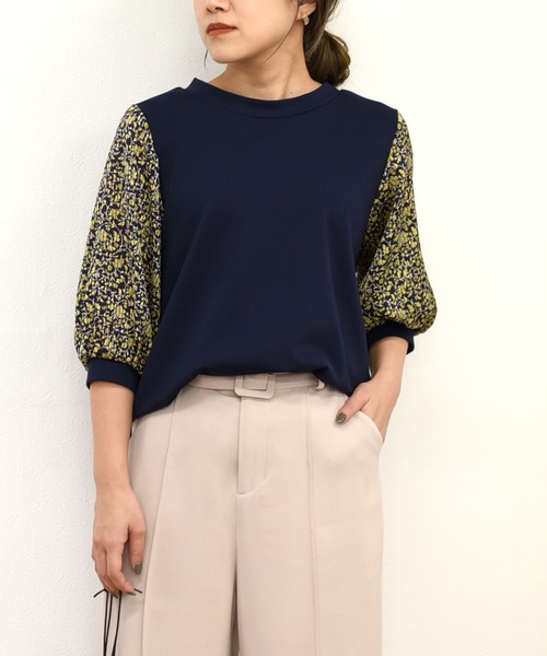 セール 袖切り替え小花柄ストライププルオーバー Tシャツ カットソー