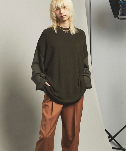 MAISON SPECIAL（メゾンスペシャル）の「《ユニセックスアイテム》ハイツイスト畦編みニットコンビプライムオーバーポンチプルオーバー 【MAISON SPECIAL/メゾンスペシャル】（Tシャツ/カットソー・メンズ・カーキ/ネイビー/オフホワイト/ブラック・44/46）」の7枚目の写真