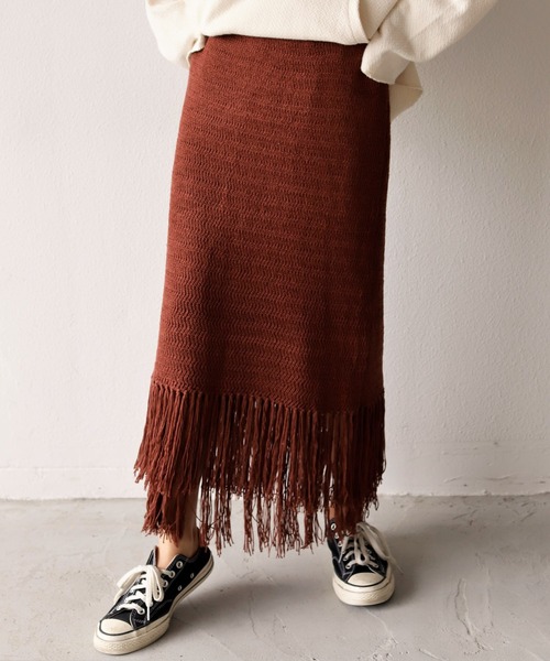 Auntie Rosa Holiday(アンティローザホリデー)の「フリンジ柄編みスカート(スカート・レディース・ブラウン/ナチュラル/ブラック・FREE)」の1枚目の写真