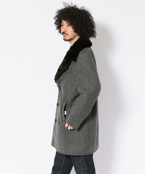 schott（ショット）の「Schott/ショット/HERRINGBONE BOA COLLAR COAT/ヘリンボーン ボアカラー コート（ステンカラーコート・メンズ・グレー・40/38/42/36）」の2枚目の写真