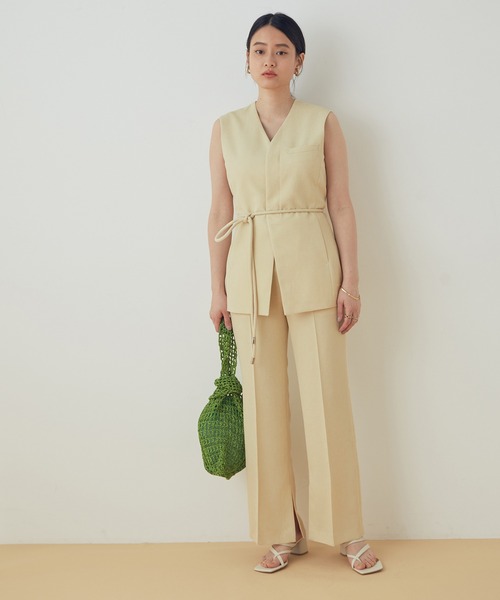 ADAM ET ROPE'（アダムエロペ）の「＜洗える＞【セットアップ対応】ダブルリネンライクイージーフレアパンツ（その他パンツ・レディース・ベージュ/イエロー系その他・38/36）」の4枚目の写真