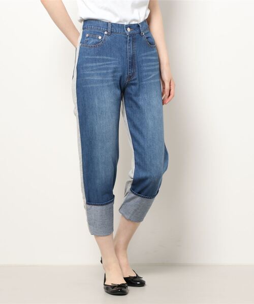 Three Four Time(スリーフォータイム)の「デニム×裏毛ドッキングパンツ(デニムパンツ・レディース・ブラック/ブルー・ONE SIZE)」の1枚目の写真