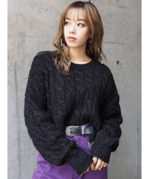 EVRIS（エヴリス）の「ショートラメケーブルニット（ニット/セーター・レディース・グリーン/ホワイト/ブラック・FREE）」の9枚目の写真