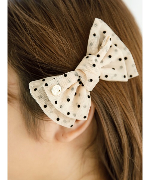 SLURR(スラ―)の「ドットチュールダブルリボンクリップ(バレッタ/ヘアクリップ・レディース・ブラック/オフホワイト・FREE)」の3枚目の写真